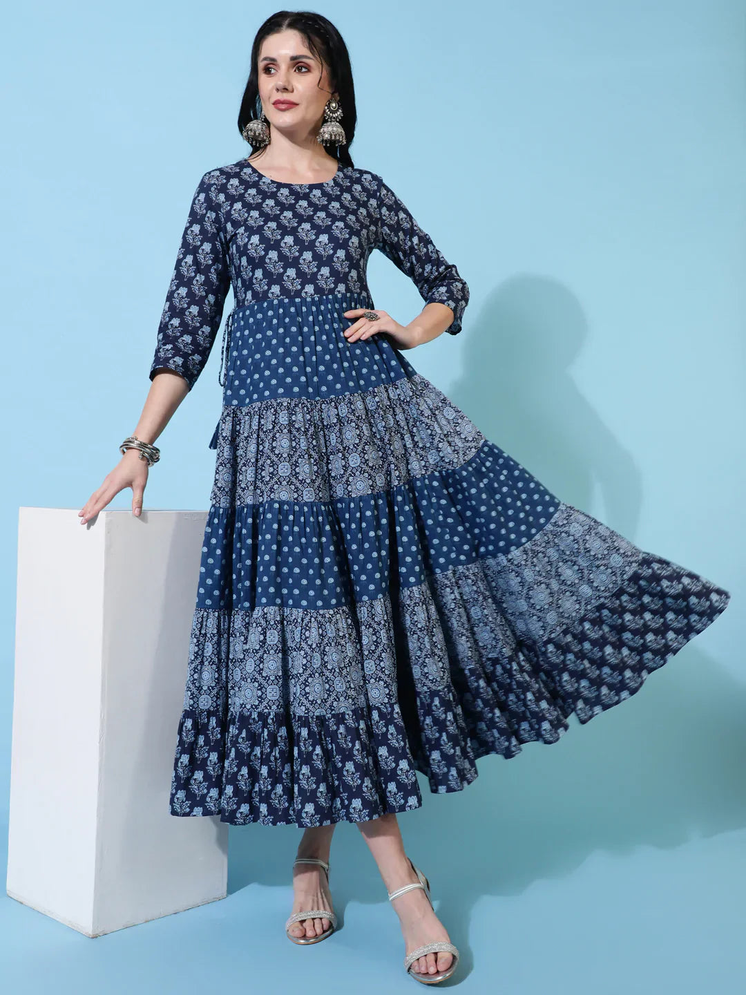 Cotton Calf Length Flared 3/4 Sleeves Printed Round Neck Kurta (Preorder)