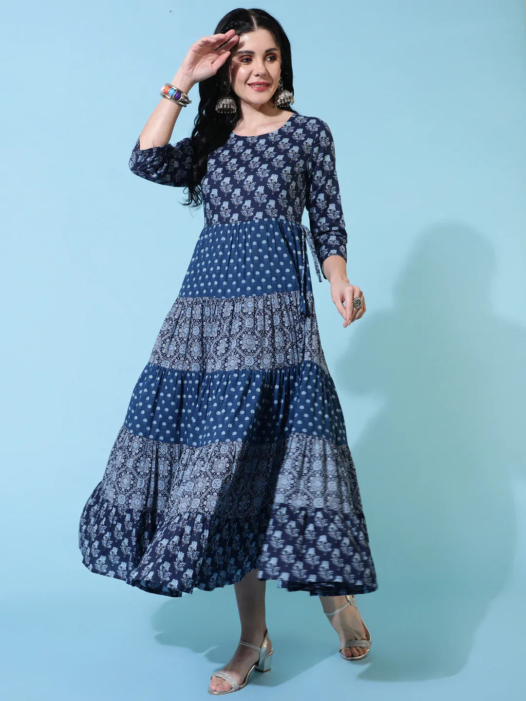 Cotton Calf Length Flared 3/4 Sleeves Printed Round Neck Kurta (Preorder)