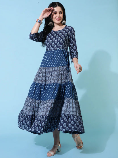 Cotton Calf Length Flared 3/4 Sleeves Printed Round Neck Kurta (Preorder)