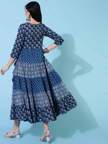 Cotton Calf Length Flared 3/4 Sleeves Printed Round Neck Kurta (Preorder)