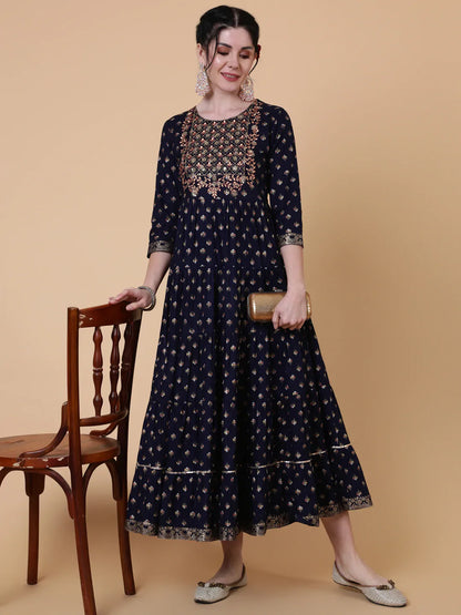 Rayon Calf Length Flared 3/4 Sleeves Printed Round Neck Kurta (Preorder)