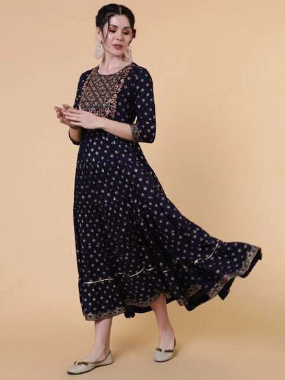 Rayon Calf Length Flared 3/4 Sleeves Printed Round Neck Kurta (Preorder)