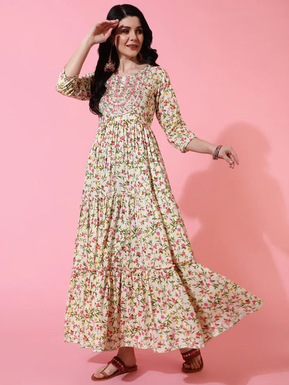 Rayon Full Length Flared 3/4 Sleeves Printed Round Neck Kurta (Preorder)