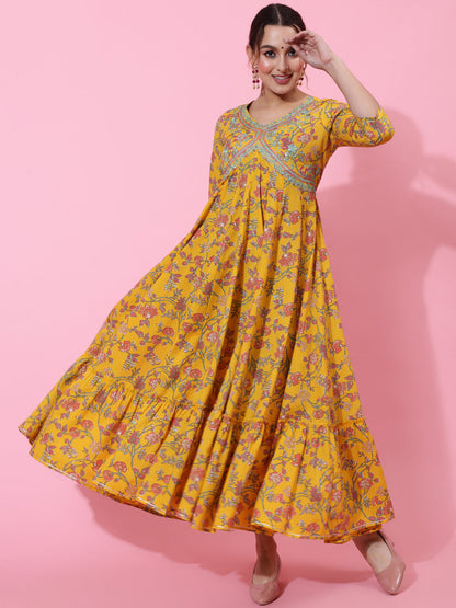 Cotton Ankle Length Printed Flared 3/4 Sleeves V-Neck Kurta (Preorder)