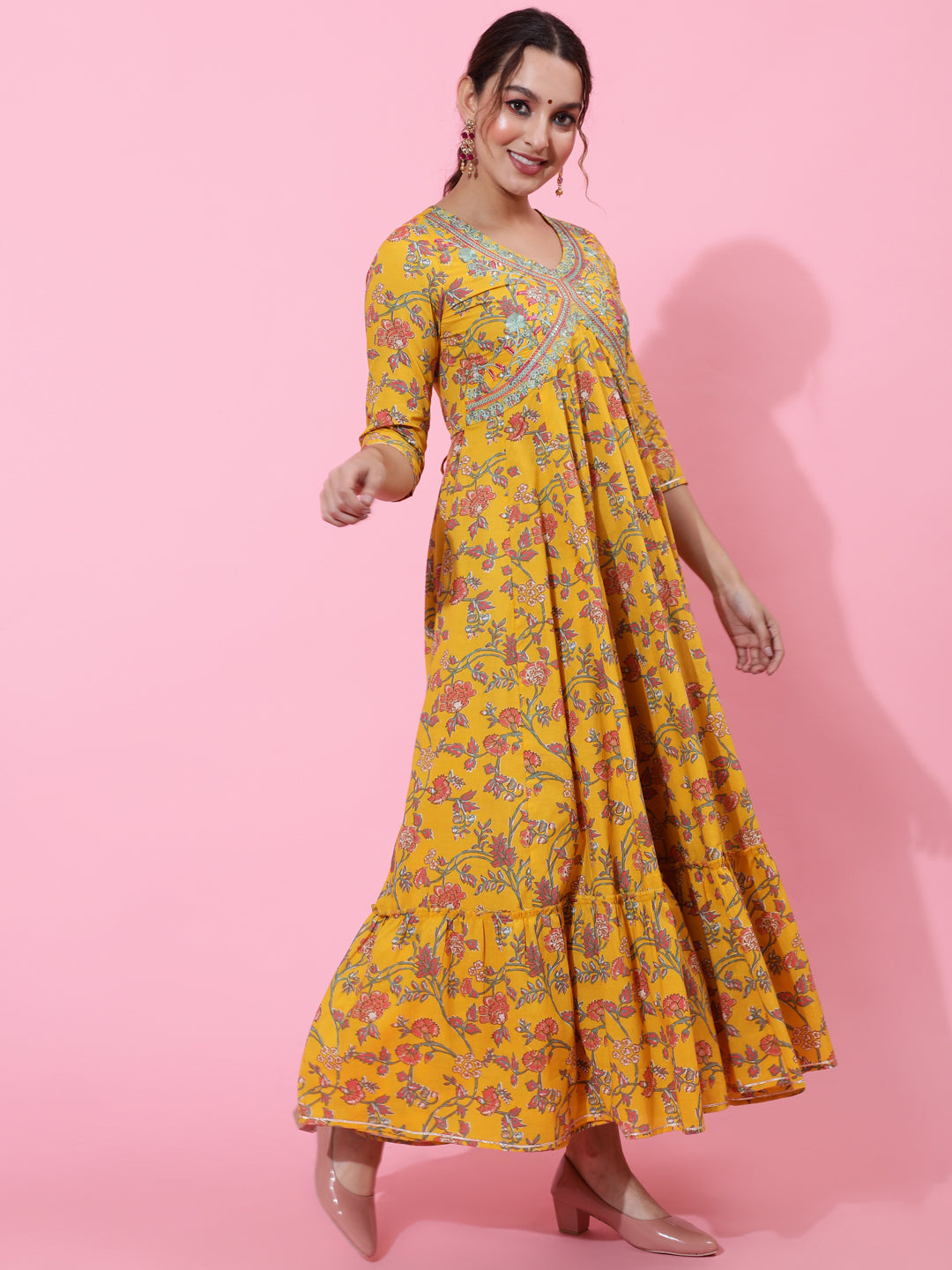 Cotton Ankle Length Printed Flared 3/4 Sleeves V-Neck Kurta (Preorder)