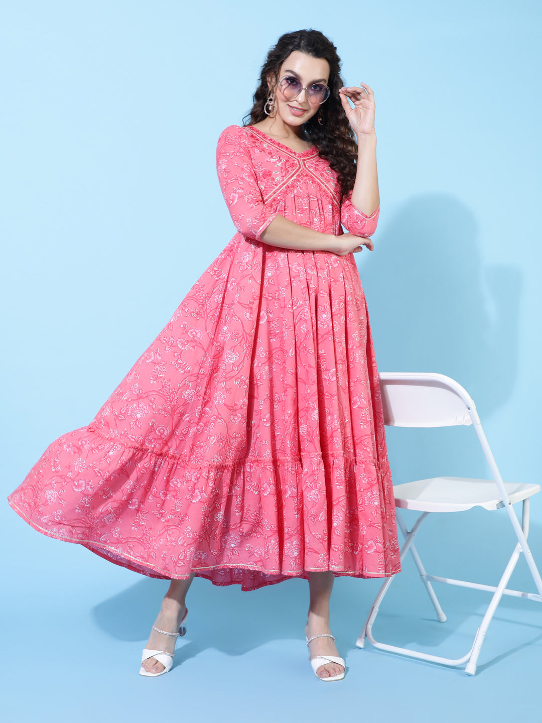 Cotton Ankle Length Printed Flared 3/4 Sleeves V-Neck Kurta (Preorder)