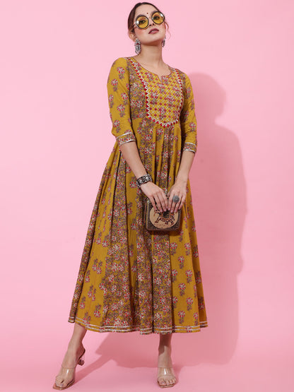 Cotton Ankle Length Printed Flared 3/4 Sleeves Round Neck Kurta (Preorder)