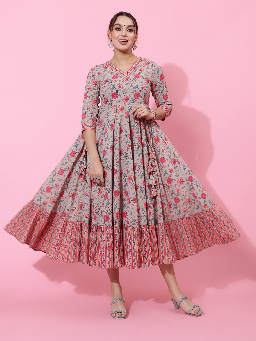 Cotton Calf Length Printed Flared 3/4 Sleeves Round Neck Kurta (Preorder)