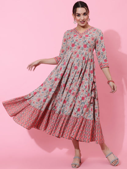 Cotton Calf Length Printed Flared 3/4 Sleeves Round Neck Kurta (Preorder)