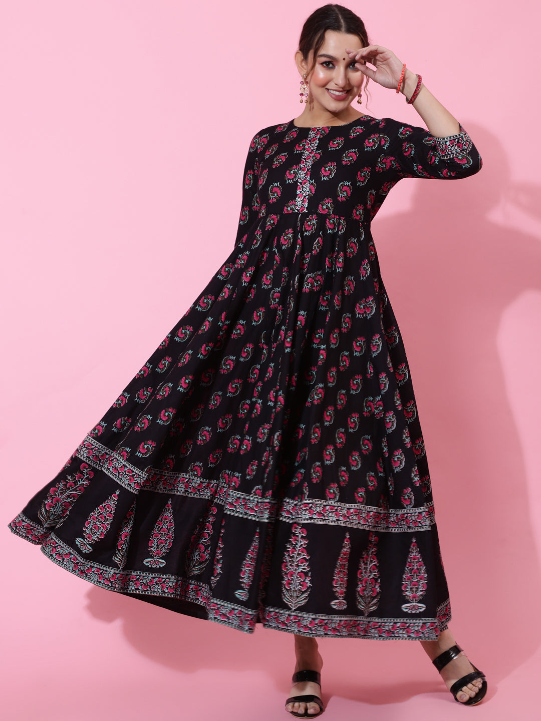 Cotton Ankle Length Printed Flared 3/4 Sleeves Round Neck Kurta (Preorder)