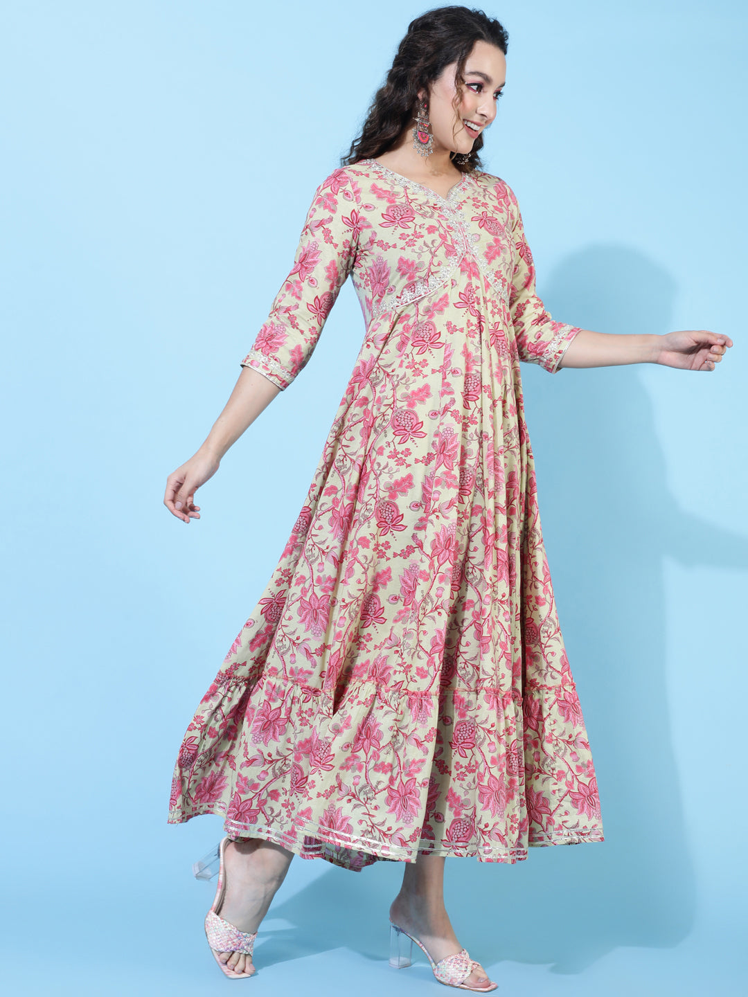 Cotton Ankle Length Printed Flared 3/4 Sleeves Sweetheart Neck Kurta (Preorder)