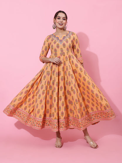 Cotton Ankle Length Printed Flared 3/4 Sleeves Round Neck Kurta (Preorder)