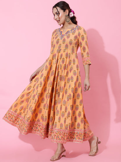Cotton Ankle Length Printed Flared 3/4 Sleeves Round Neck Kurta (Preorder)
