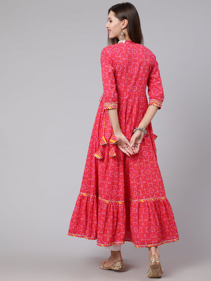 Cotton Ankle Length Bandhani Print Flared 3/4 Sleeve Collar Neck Kurta (Preorder)