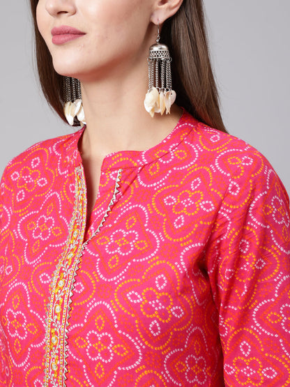 Cotton Ankle Length Bandhani Print Flared 3/4 Sleeve Collar Neck Kurta (Preorder)