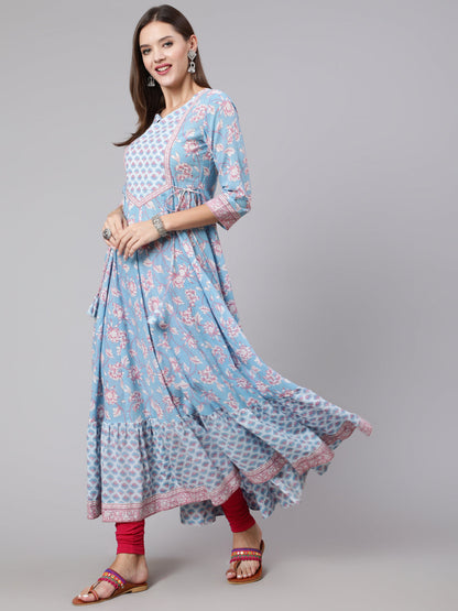 Cotton Ankle Length Printed Flared 3/4 Sleeve Round Neck Kurta (Preorder)