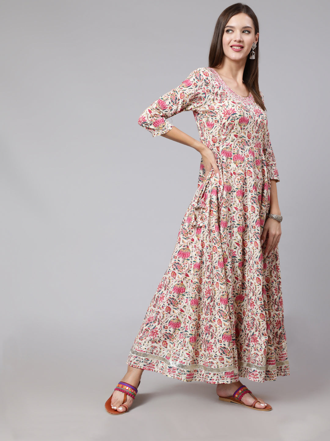 Cotton Ankle Length Printed Flared 3/4 Sleeve Round Neck Kurta (Preorder)