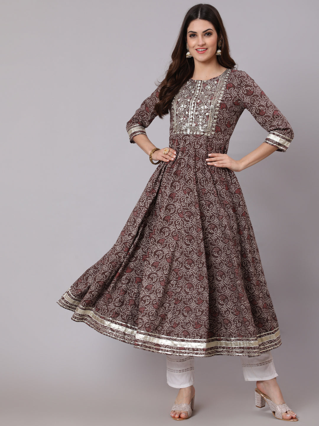 Cotton Calf Length Printed Flared 3/4 Sleeve Round Neck Kurta (Preorder)