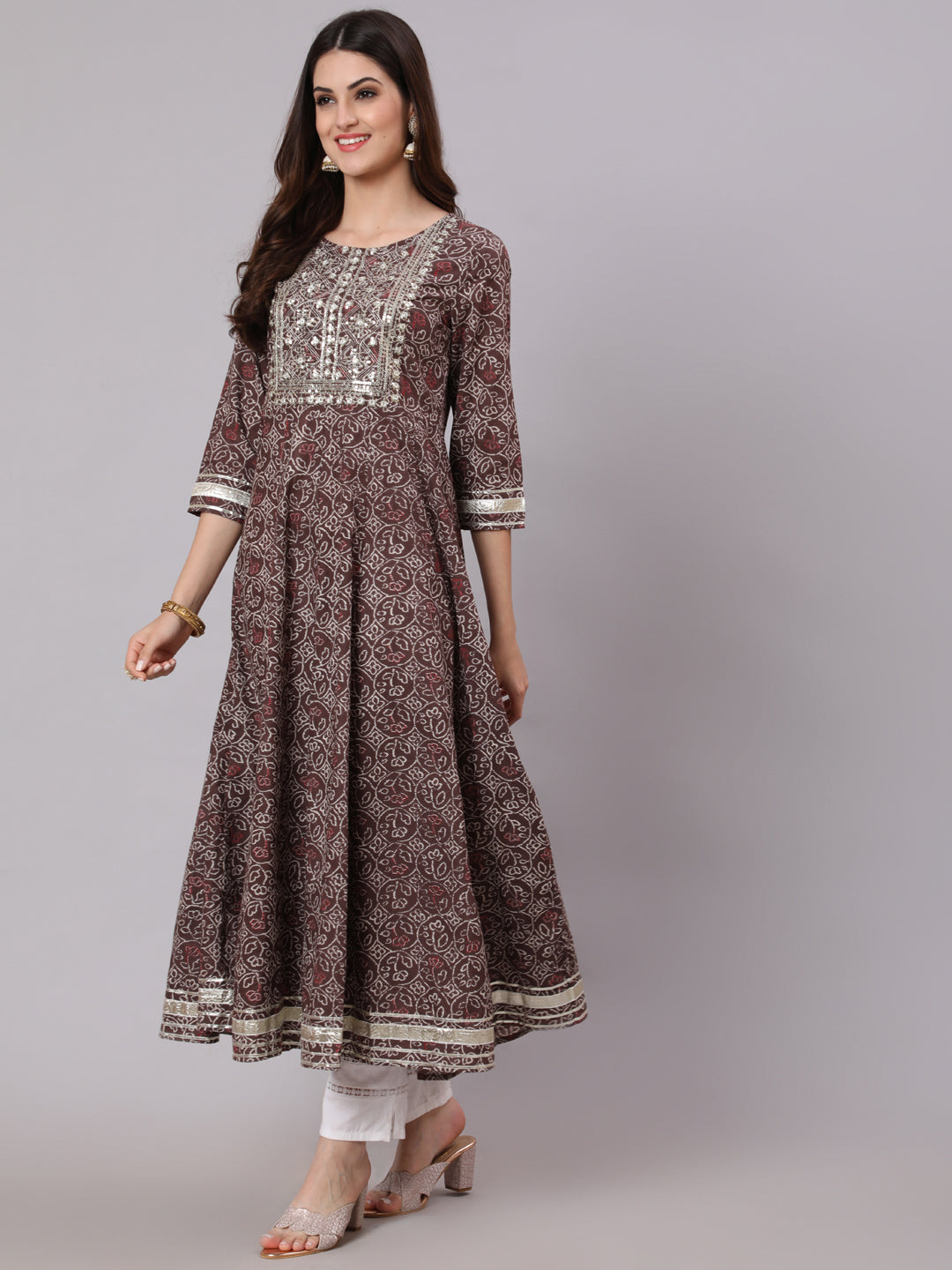 Cotton Calf Length Printed Flared 3/4 Sleeve Round Neck Kurta (Preorder)
