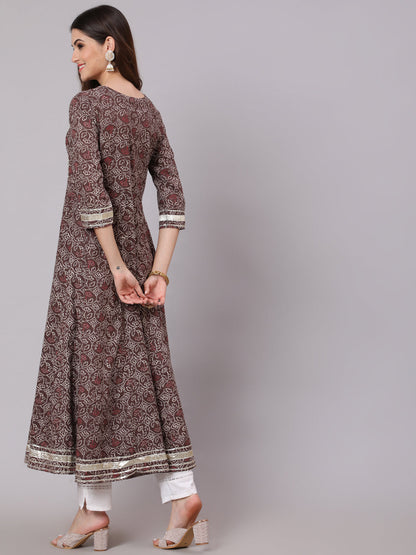 Cotton Calf Length Printed Flared 3/4 Sleeve Round Neck Kurta (Preorder)