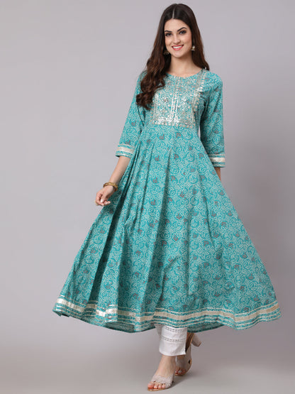 Cotton Calf Length Printed Flared 3/4 Sleeve Round Neck Kurta (Preorder)