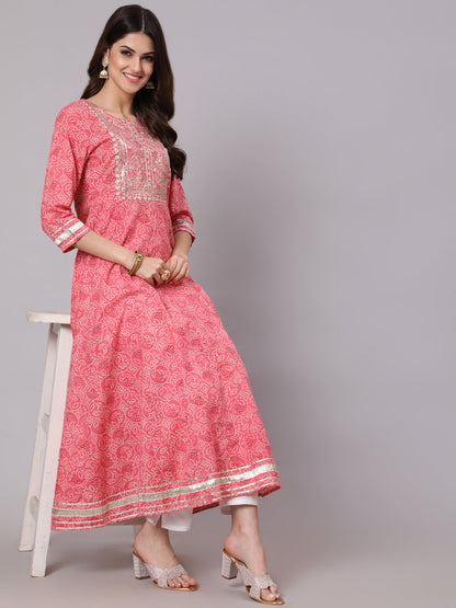 Cotton Calf Length Printed Flared 3/4 Sleeve Round Neck Kurta (Preorder)