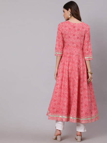 Cotton Calf Length Printed Flared 3/4 Sleeve Round Neck Kurta (Preorder)