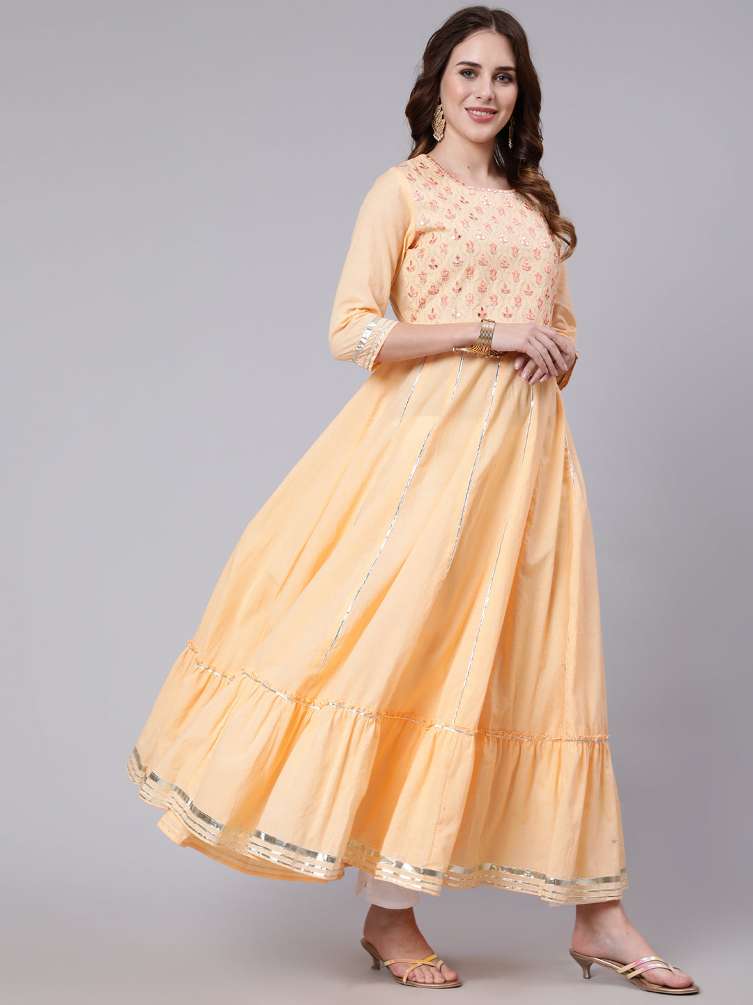 Cotton Full Length Mirror Work Flared 3/4 Sleeve Round Neck Kurta (Preorder)