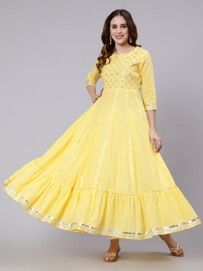 Cotton Full Length Mirror Work Flared 3/4 Sleeve Round Neck Kurta (Preorder)