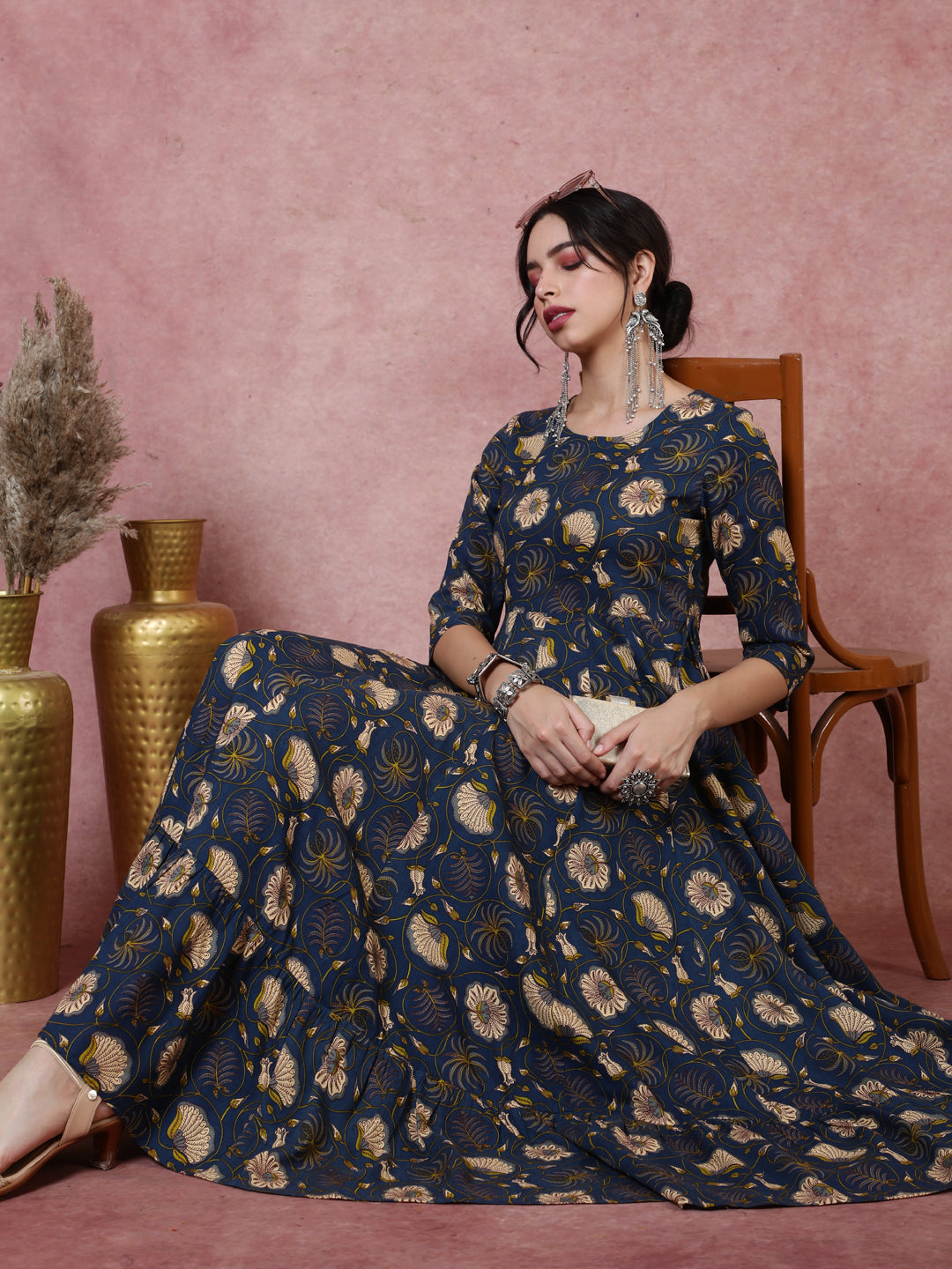 Rayon  Calf Length Printed  3/4 Sleeve Round Neck Kurta