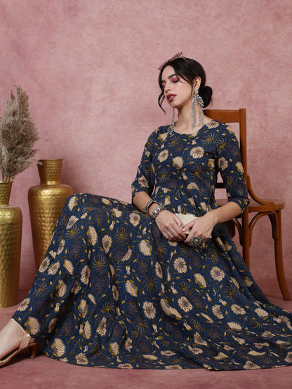 Rayon  Calf Length Printed  3/4 Sleeve Round Neck Kurta