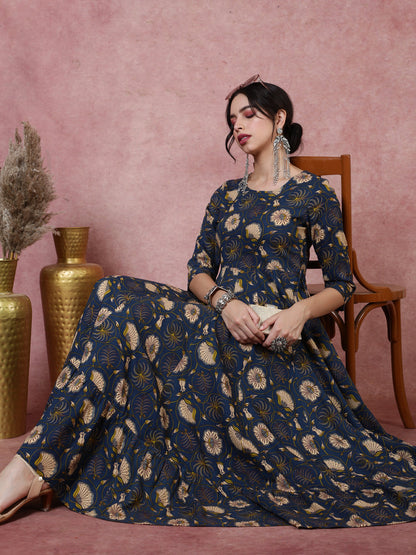 Rayon  Calf Length Printed  3/4 Sleeve Round Neck Kurta (Preorder)