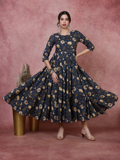 Rayon  Calf Length Printed  3/4 Sleeve Round Neck Kurta