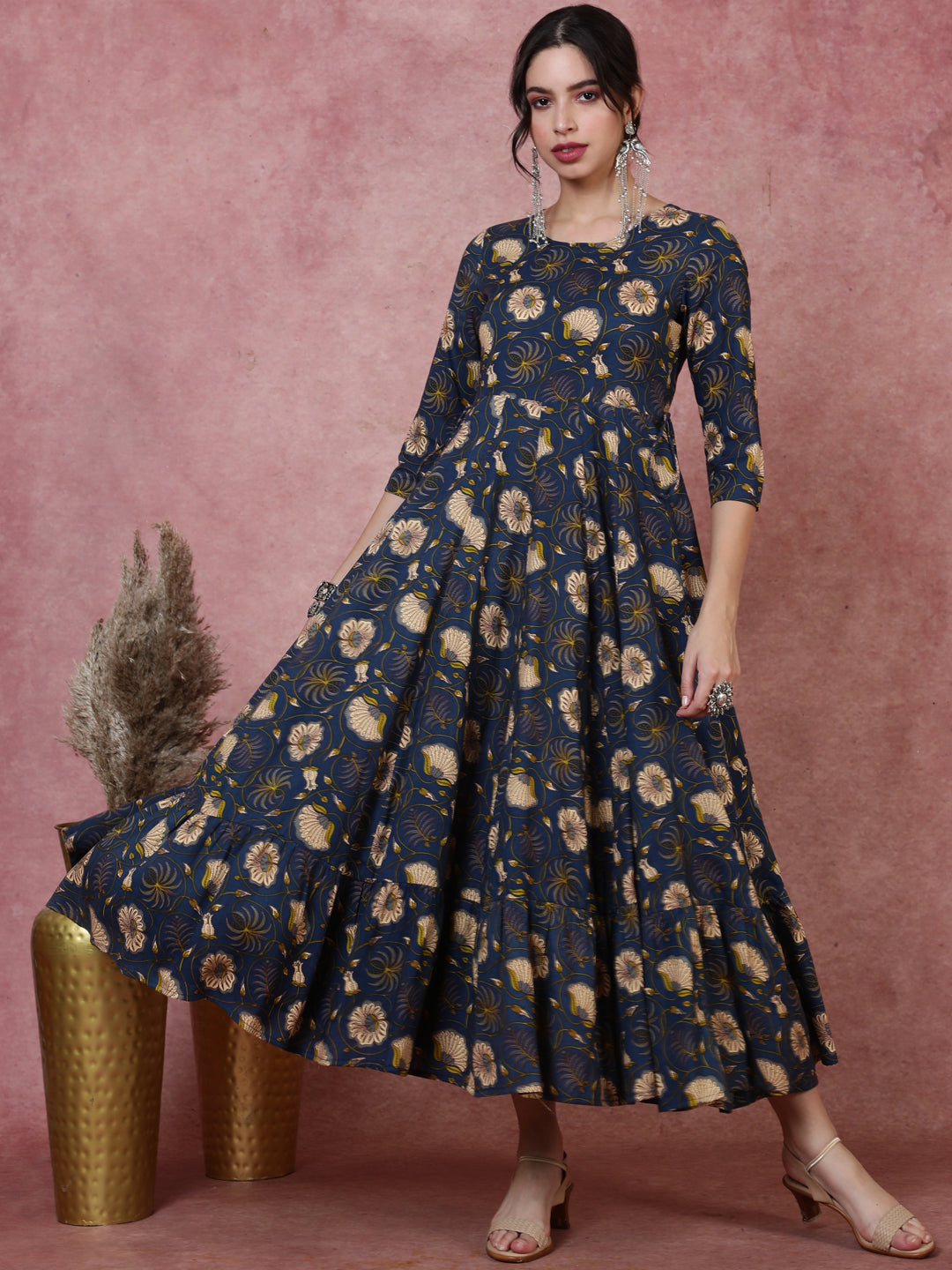 Rayon  Calf Length Printed  3/4 Sleeve Round Neck Kurta