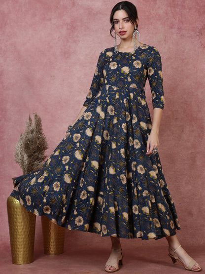 Rayon  Calf Length Printed  3/4 Sleeve Round Neck Kurta (Preorder)