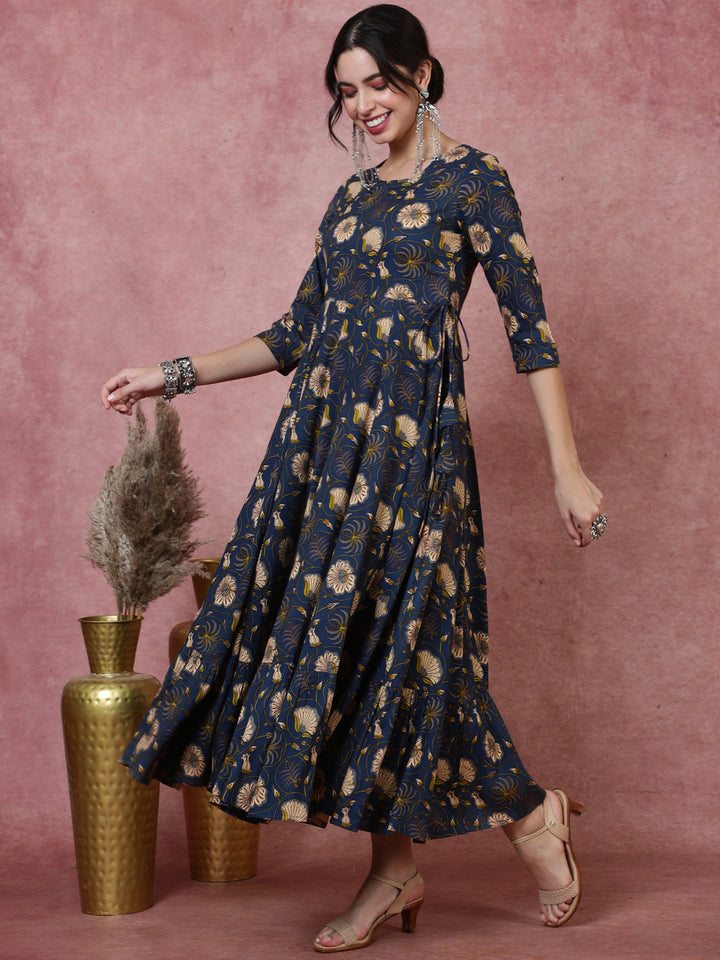 Rayon  Calf Length Printed  3/4 Sleeve Round Neck Kurta