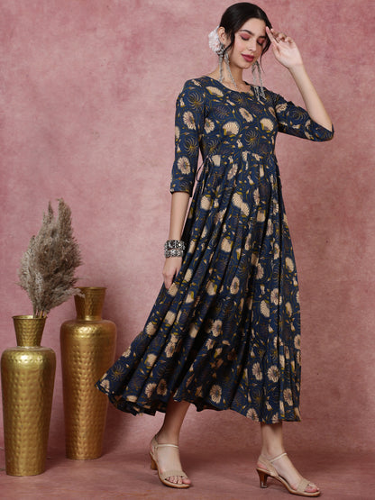 Rayon  Calf Length Printed  3/4 Sleeve Round Neck Kurta