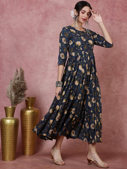 Rayon  Calf Length Printed  3/4 Sleeve Round Neck Kurta (Preorder)