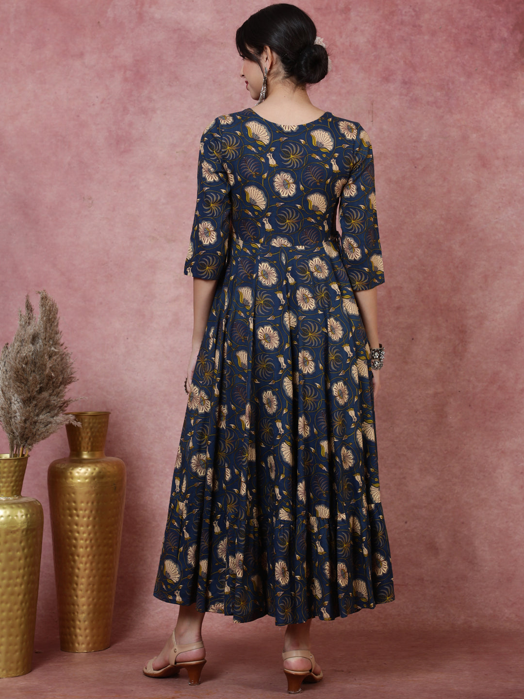 Rayon  Calf Length Printed  3/4 Sleeve Round Neck Kurta