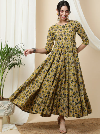 Cotton  Calf Length Printed  3/4 Sleeve Round Neck Kurta (Preorder)