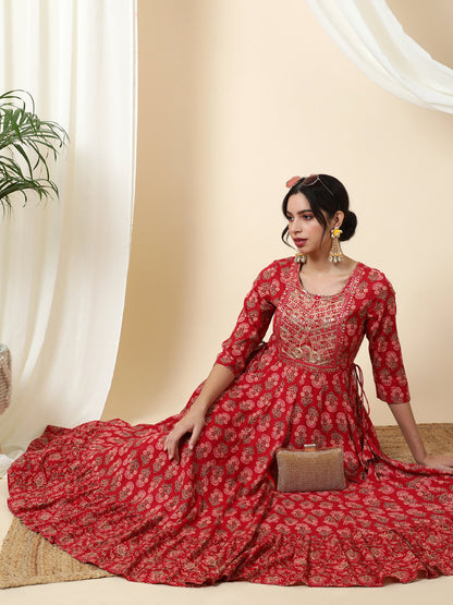 Rayon  Calf Length Printed  3/4 Sleeve Round Neck Kurta (Preorder)