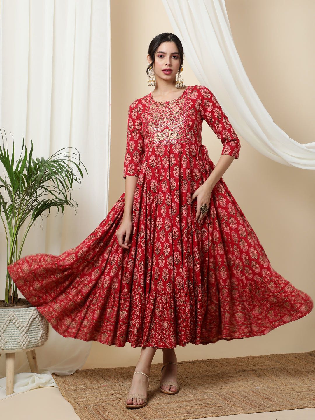 Rayon  Calf Length Printed  3/4 Sleeve Round Neck Kurta