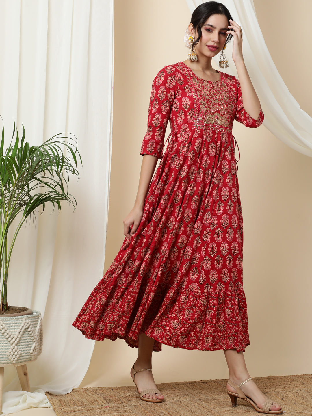 Rayon  Calf Length Printed  3/4 Sleeve Round Neck Kurta