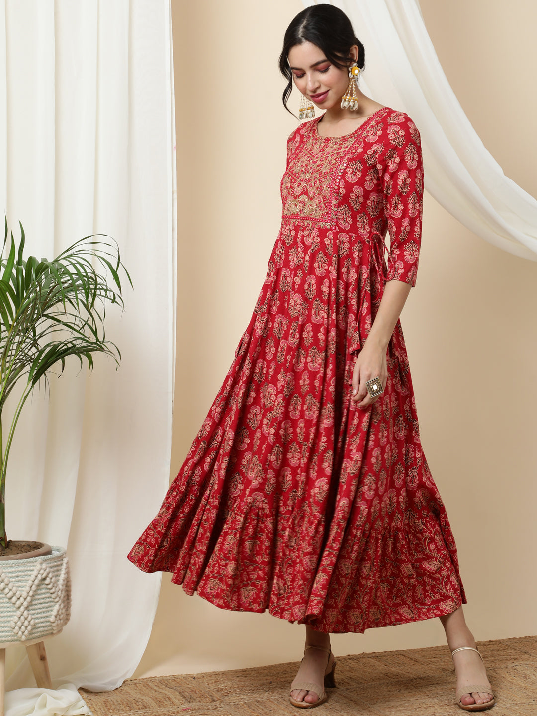 Rayon  Calf Length Printed  3/4 Sleeve Round Neck Kurta