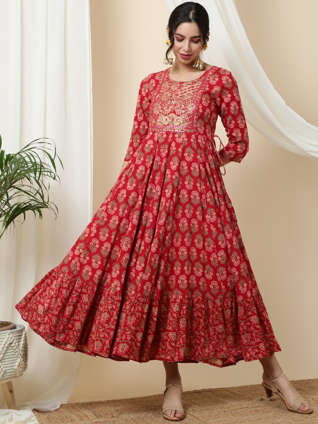 Rayon  Calf Length Printed  3/4 Sleeve Round Neck Kurta