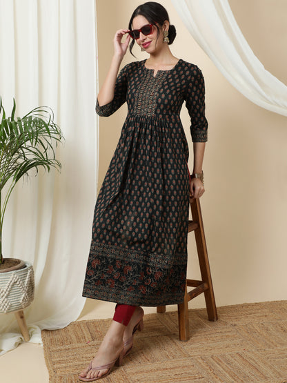 Cotton  Calf Length Printed  3/4 Sleeve Round Neck Kurta