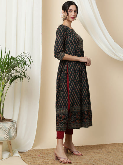 Cotton  Calf Length Printed  3/4 Sleeve Round Neck Kurta (Preorder)