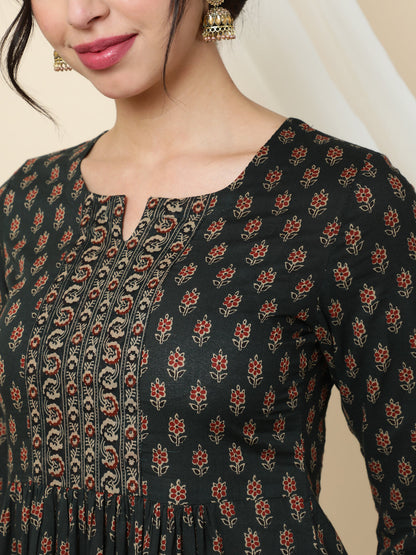 Cotton  Calf Length Printed  3/4 Sleeve Round Neck Kurta (Preorder)