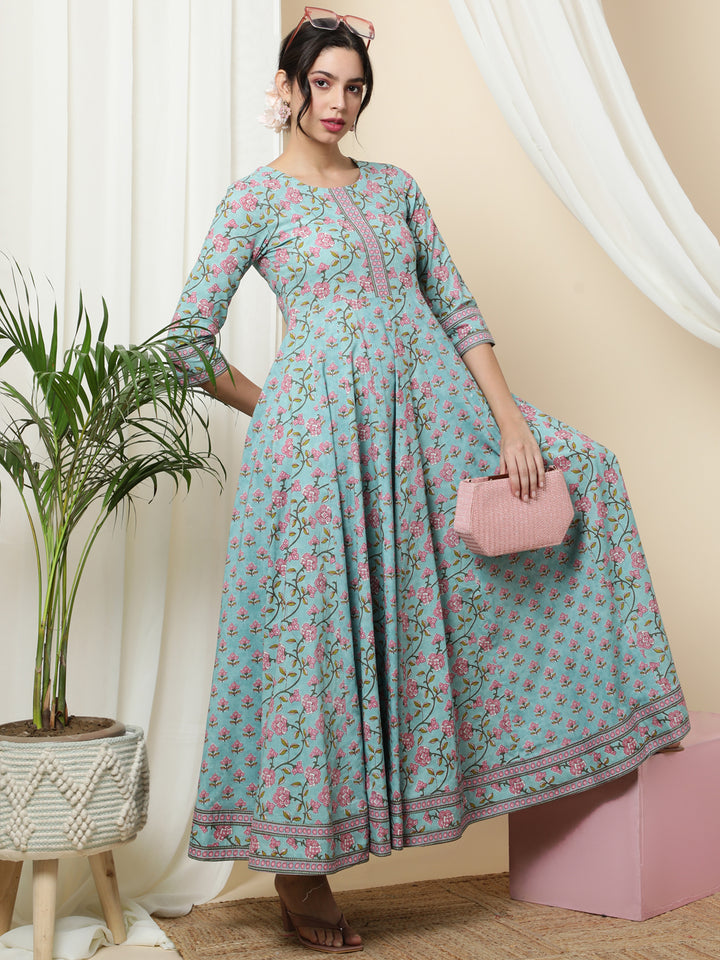 Cotton  Ankle Length Printed  3/4 Sleeve Round Neck Kurta
