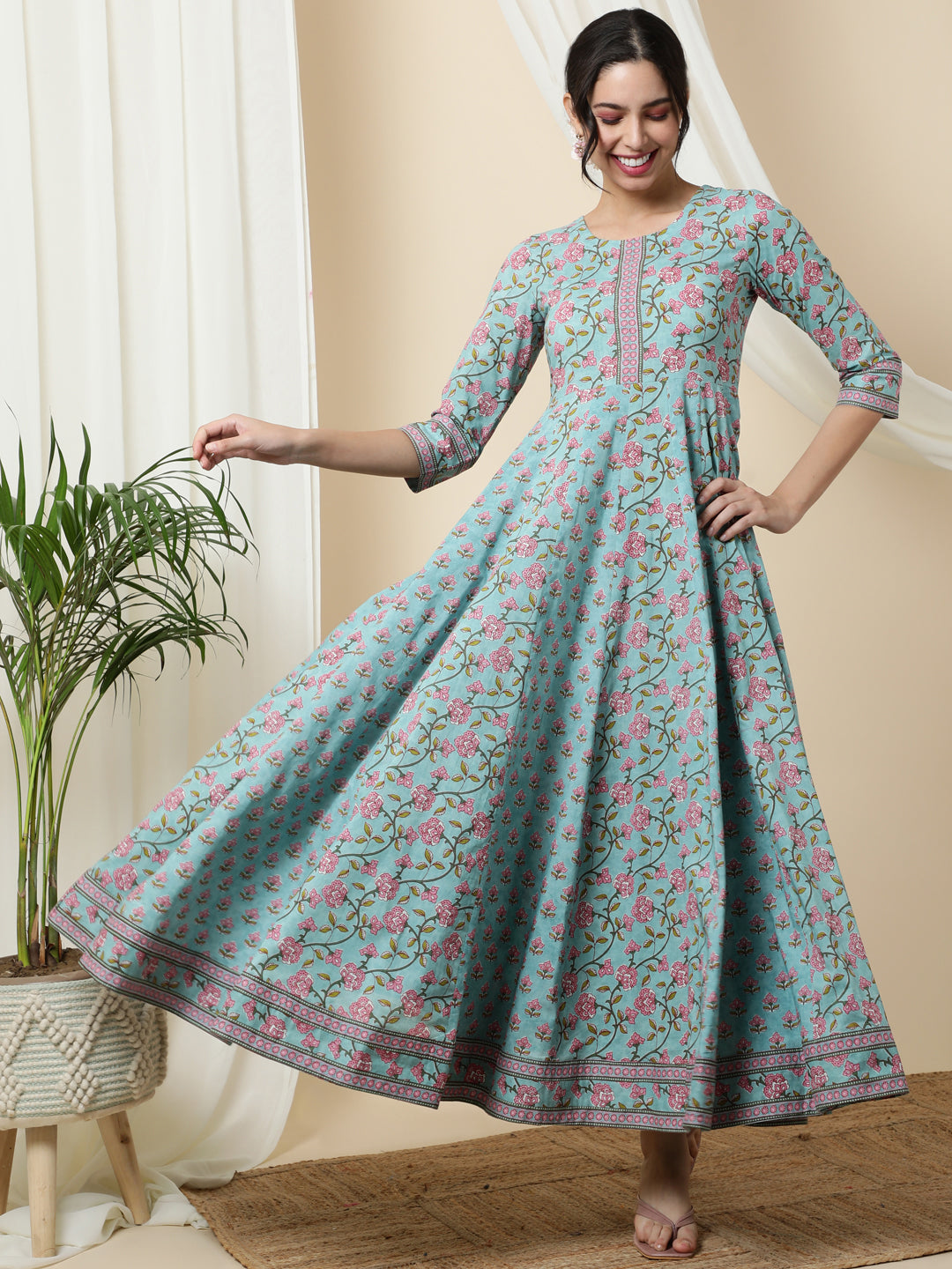 Cotton  Ankle Length Printed  3/4 Sleeve Round Neck Kurta